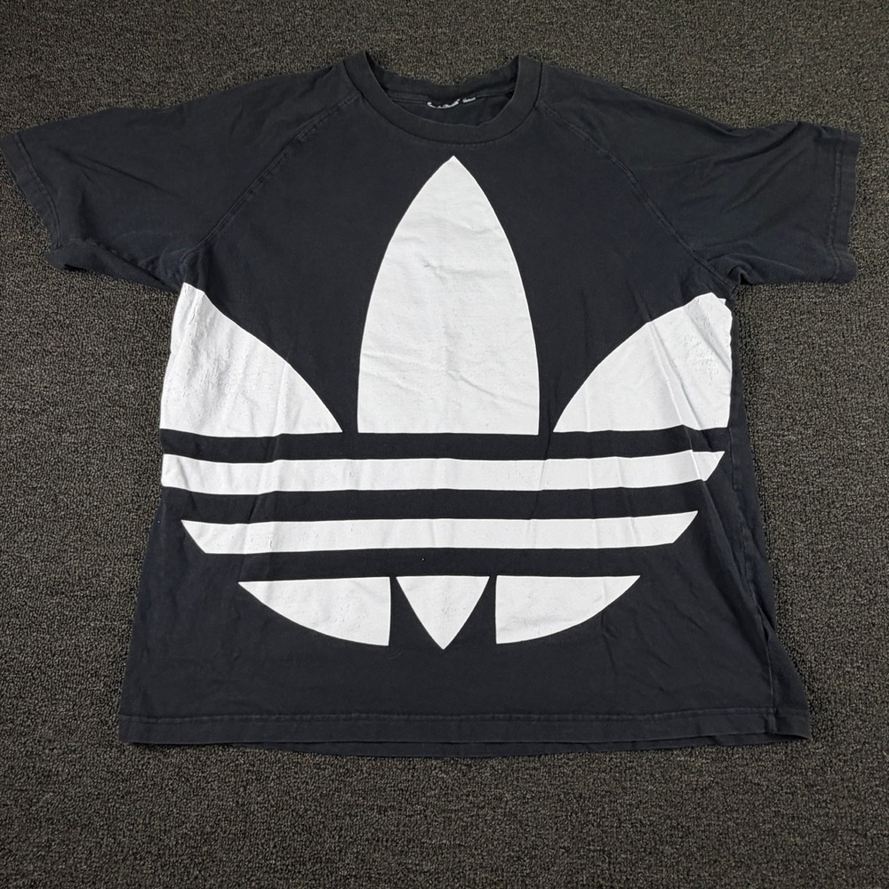 Adidas T-Shirt Mens XL Trefoil Big Logo Black Graphic Raglan EUC